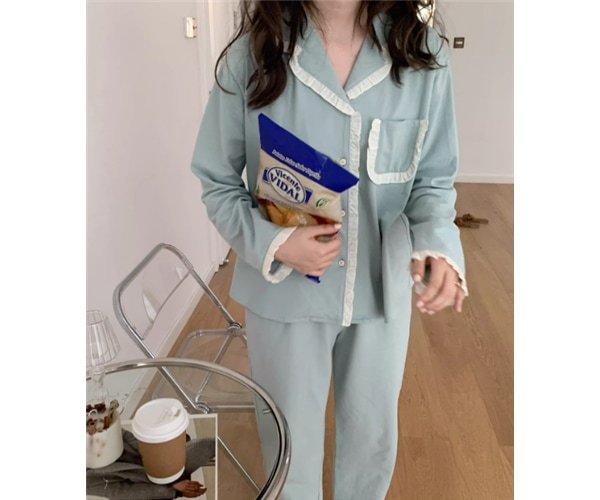 二点セット 上下セット ツーピース レディース パジャマ セットアップ 寝巻き フルレングス 長袖 フェミニン フリル ウエストゴム 綿 かわいい 大人可愛い きれいめ シンプル カジュアル 上品