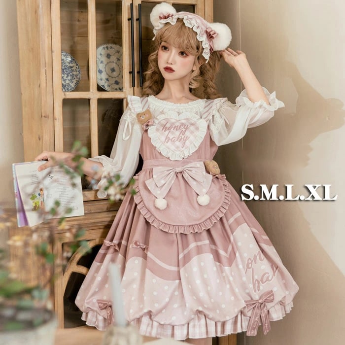 ロリータ 上下セット ワンピース 可愛い お姫様 Lolita ロリータ服 和風 ケーキ柄 JSKロリータ リボン可愛い アイドル衣装 コスチューム コスプレ衣装 プリンセスドレス 文化祭 学園祭 か