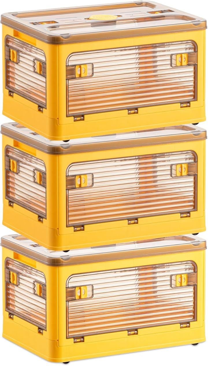 収納ボックス 蓋付き 積み重ね可能 全方向から取り出せる キャスター付き 衣装収納ケース 強い耐荷重 大容量収納ボックス (3個xイエロー, M（47x35x24.5cm）)