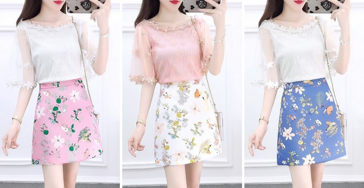 夏レースシャツ女性短いスカート トップス スカート 白トップス ミニスカート ショート丈 膝上 半袖 ラウンドネック Aライン レース ハイウエスト 上下セット 2点セット 大人可愛い きれいめ