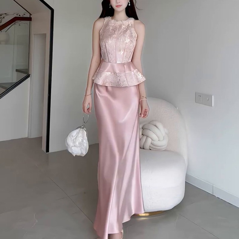 新しい中国風の高級レディース夏ジャカードノースリーブベストトップとサテンミディスカートのツーピースセット