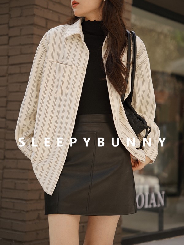 スリーピーラビット シンプル コーデュロイ ストライプシャツ レディース 冬デザイン 厚手 ゆったり スリム レイジースタイル 長袖 トップス