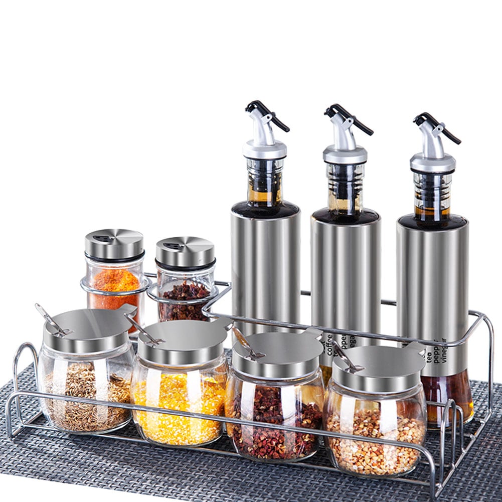 調味料入れ　お店　家庭　キッチン用　ラック付き おしゃれ スパイス ガラス　塩砂糖入れ　調味料容器　調味料ボトル　調味料ケース 瓶 トレー セット
