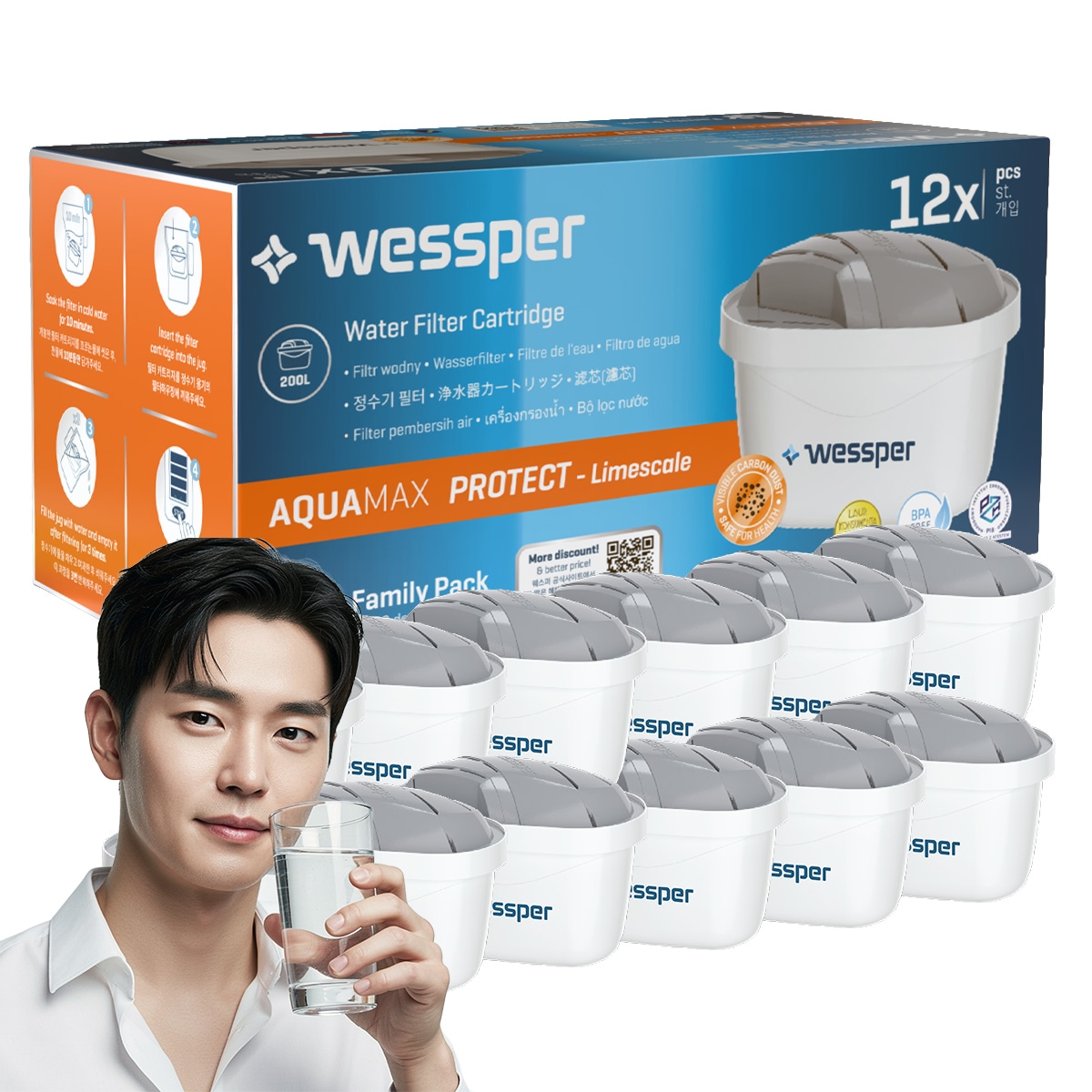 互換用 ウェスパー(Wessper) プロテクト石灰除去特化【マクストラ MAXTRA対応】浄水器用カートリッジフィルター 12個セット ヨーロッパ生産【韓国市場累計40万個突破・人気フィルター】