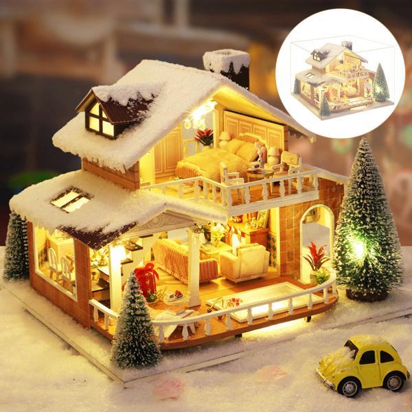 家具キット付きDIYクリエイティブハンドクラフトドールハウスバッテリーケースウッドクラフト雪景色クリスマスハウスコテージ3Dパズルモデルビル