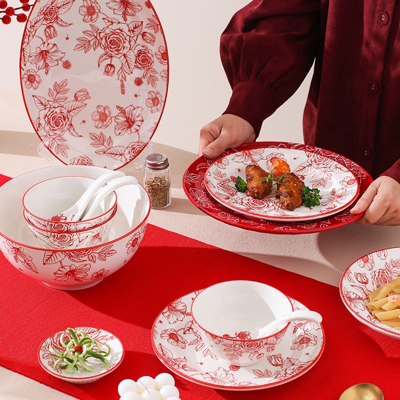 11 ホーム用のお祝いのギフトボックスと料理高価値の赤いバラの家事用食器ボウルボウルとプレートのフルセラミックライスボウルスープボウル r n1001-11- 2人の食器のセット-retro Re