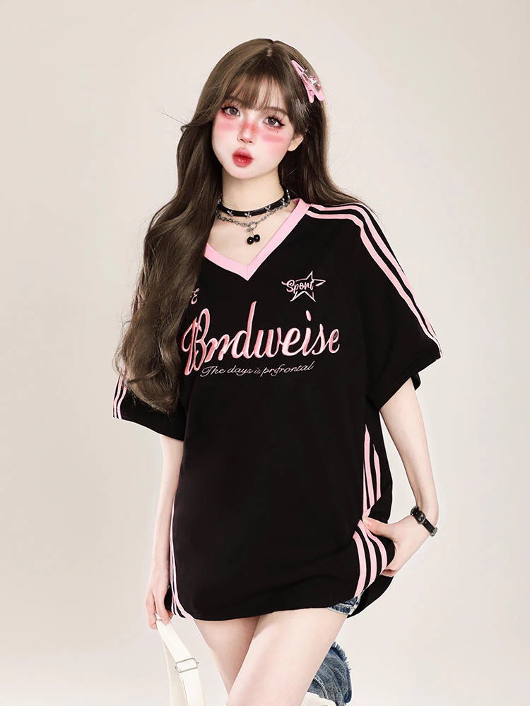2024夏 韓国可愛い風トップス Tシャツ ファッション系 半袖 スリムフィット サイド ペイントシルエット ゆったり丈 休日レディースサイズ韓国Vネック おしゃれ カジュアル メンズライク T安い