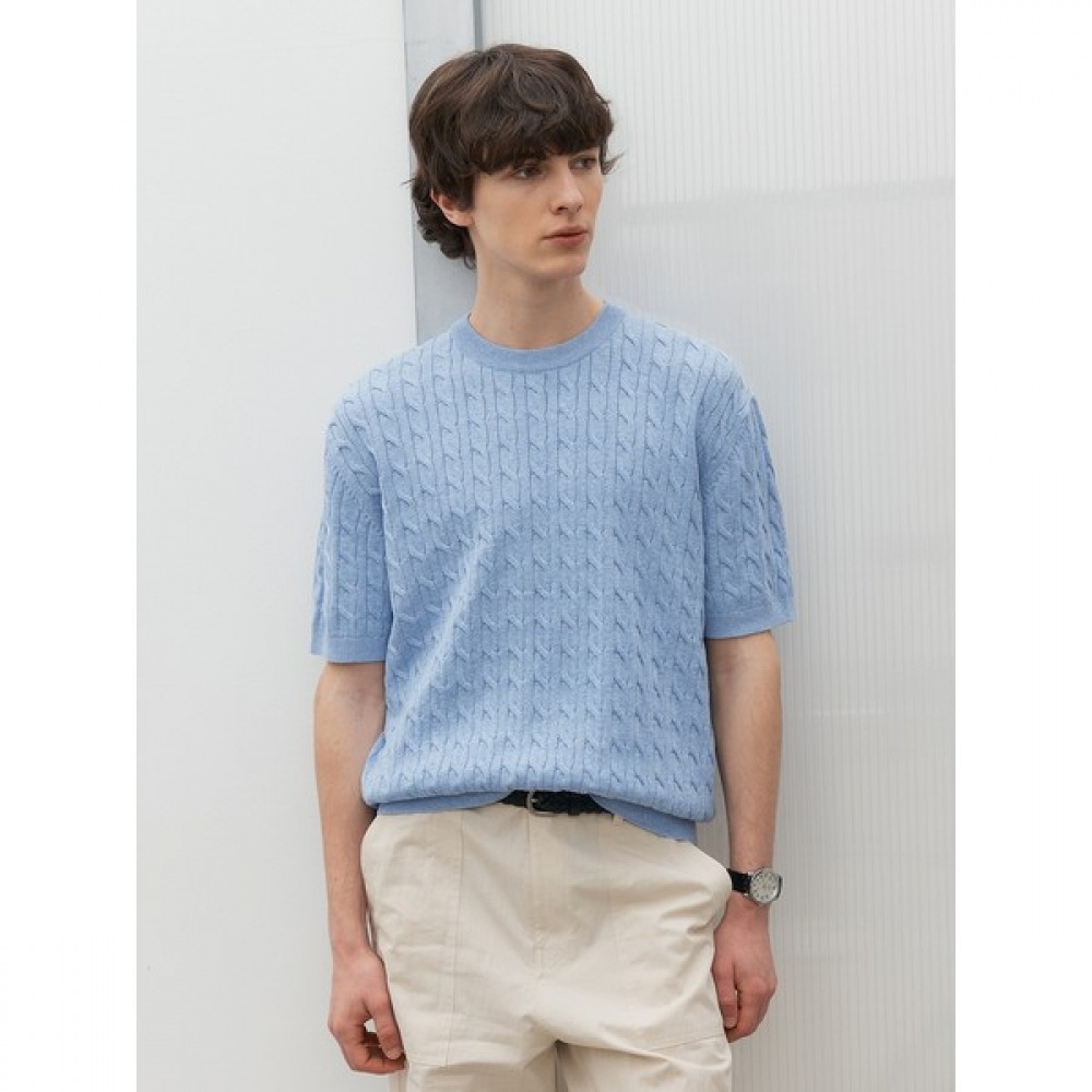 [マインドブリッジ] ケーブルラウンドショートスリーブニット_3色