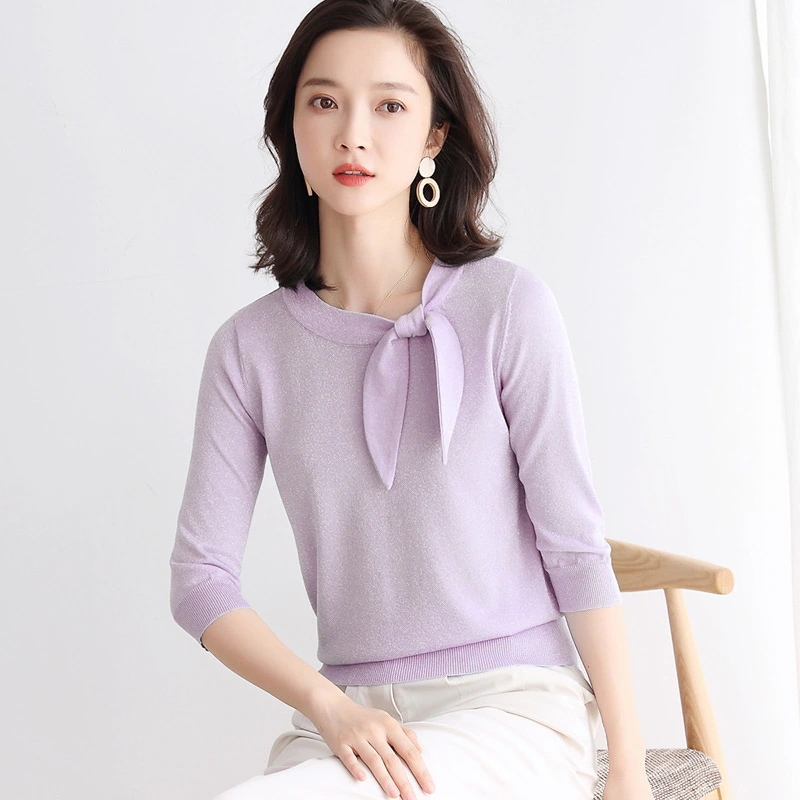 Tシャツカットソー明るい糸のリボンの気質のニットの女性の上着は薄い夏服