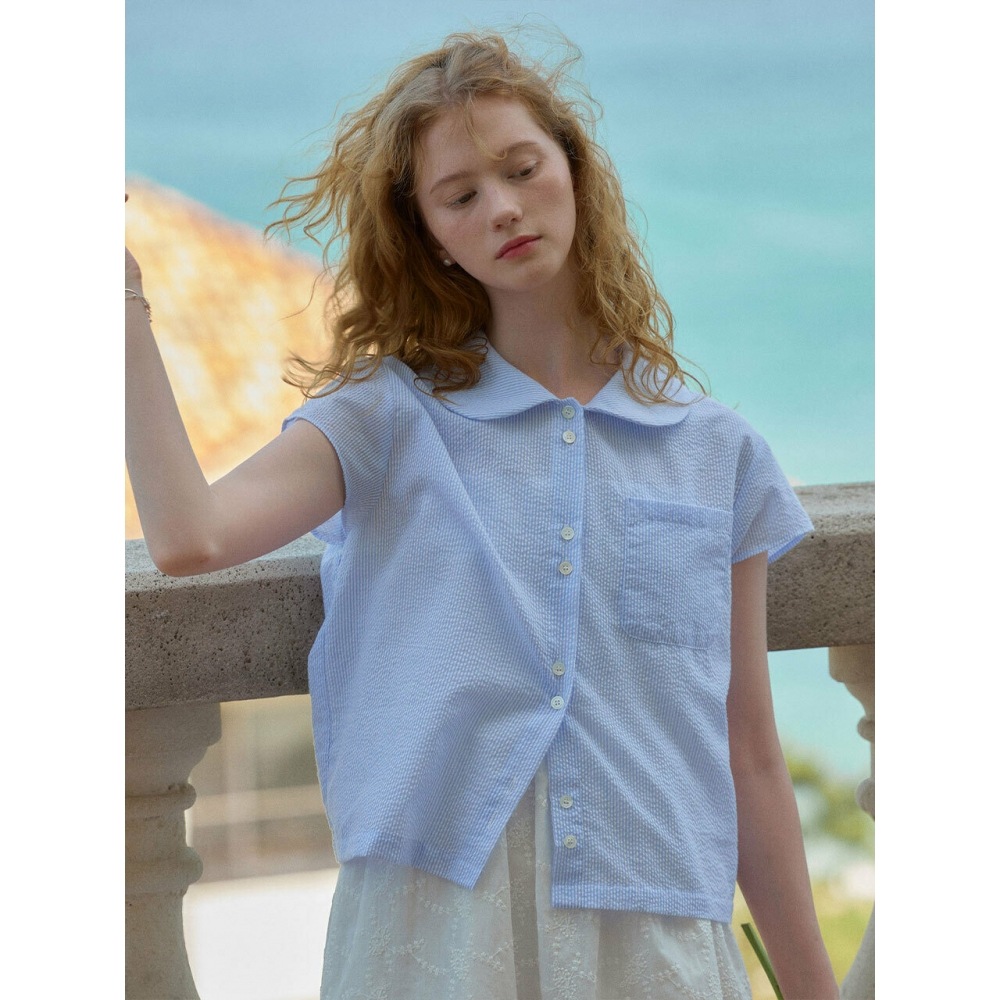 レターフロムムーンサマーシーサッカーキャップスリーブシャツ (2色)