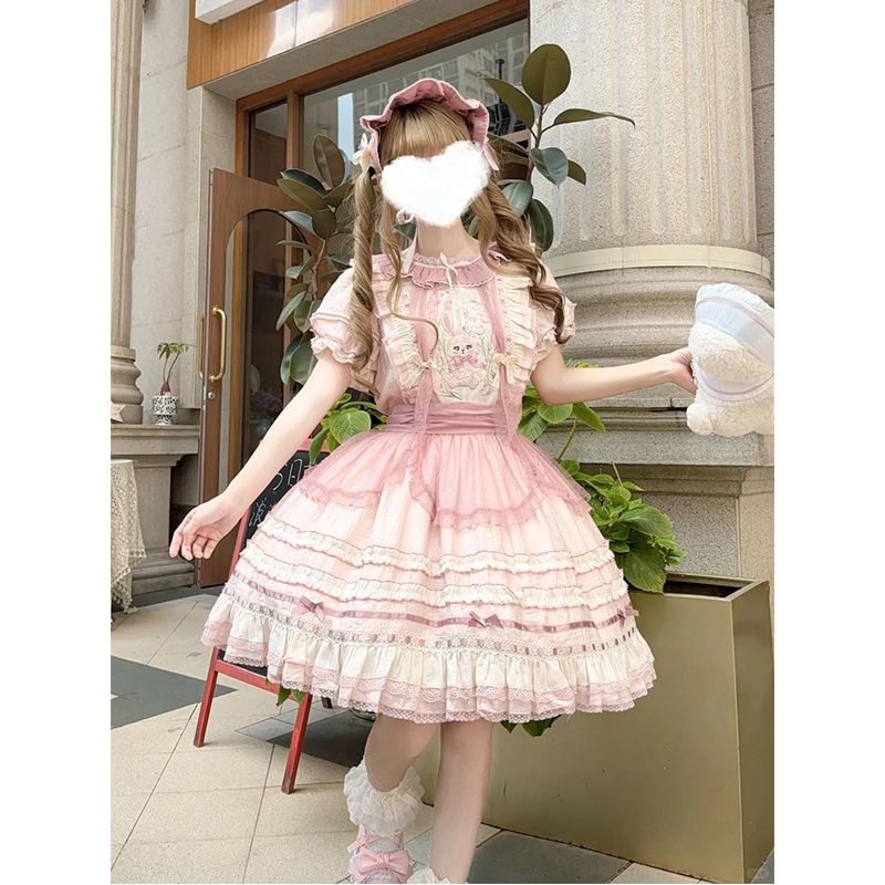 ピンクのウサギ刺繍女の子ロリータスカートオペラドレスかわいい日常の女の子ハートロースカートnew
