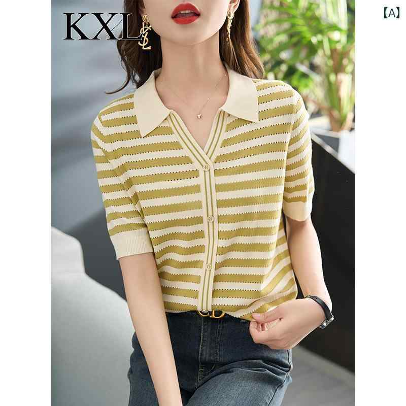 トップス レディース おしゃれ 上品 通勤 オフィス カジュアル 夏 ポロ 襟 薄手 涼しい 涼しい ひんやり 快適 半袖 Tシャツ ショート ストライプニット Tシャツ