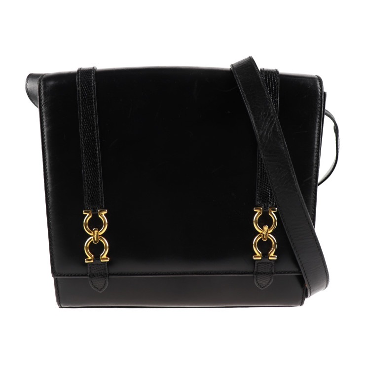 Salvatore Ferragamo サルヴァトーレ フェラガモ ショルダーバッグ L 21 5191 ガンチーニ レザー ブラック ゴールド金具 本物保証 中古