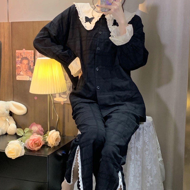 パジャマ 大きめ襟 ゴシック風 上下セット レディースナイトウエア