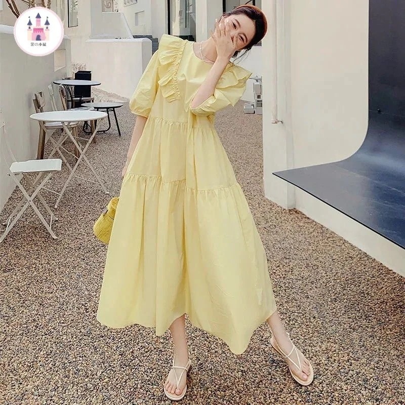 【1つ買うと1つ無料】【メガ割】ラッキーバッグ ドレス淡い黄色のドールネックワンピースのフレンチバブルスリーブ甘く優しい風初恋のの森系ティードレス