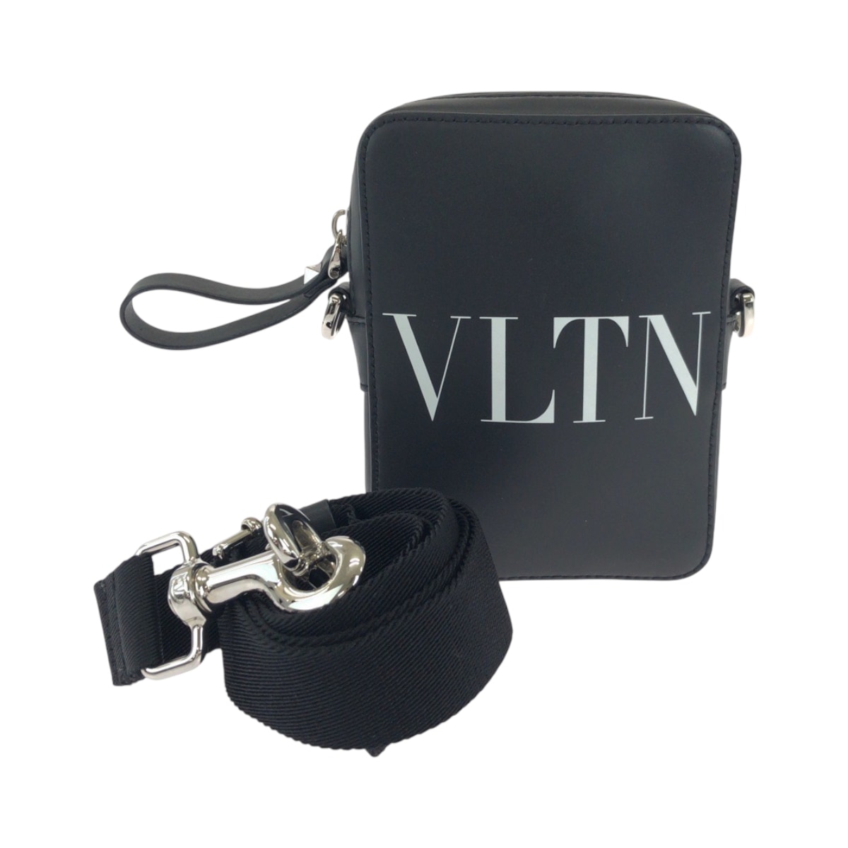 美品 VLTNロゴ ブラック 黒 ホワイト シルバー金具 レザー ショルダーバッグ ポシェット レディース 601841