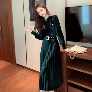 新しいしい春と秋の新しいしいぬ身の长い断面下のスカラーペレットを持つ金のペレットのドレスの女性