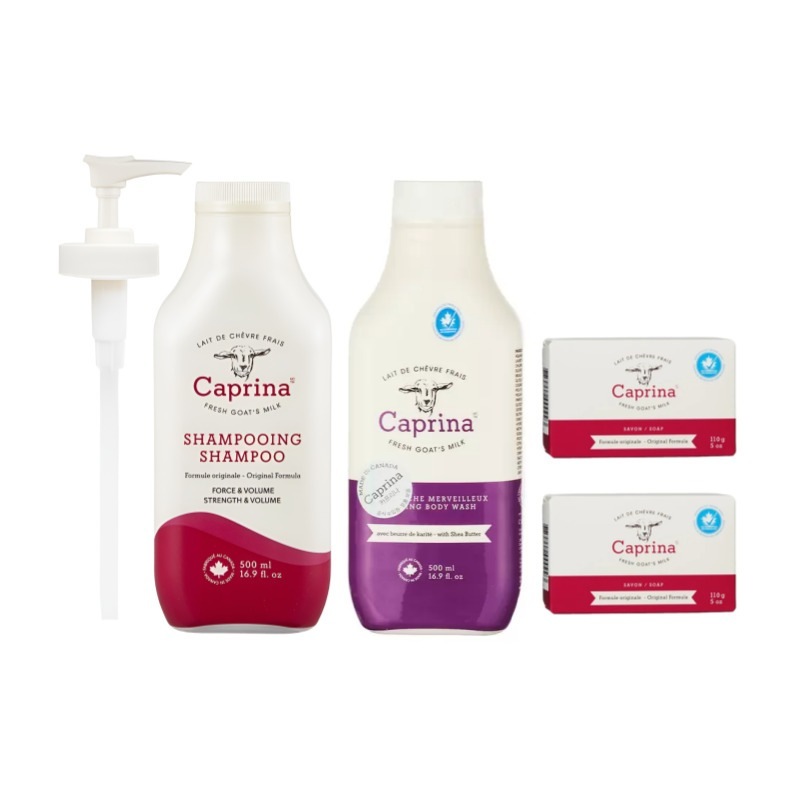 [セット] Caprina ゴートミルク プレミアム保湿 3点セット / ボディローション 350ml × 1本 + ボディウォッシュ 500ml × 1本 + 石けん オリジナルの香り 110g ×