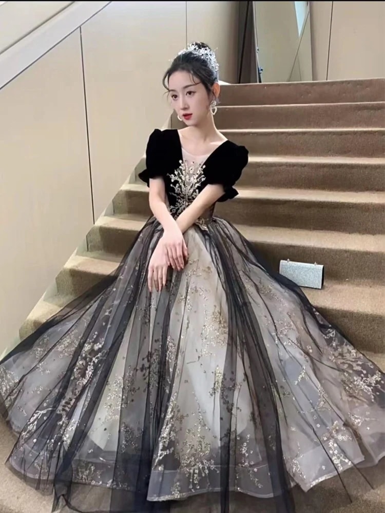 黒のイブニングドレス宴会気質のプリンセスドレス誕生日ホスト大人卒業公演衣装安い