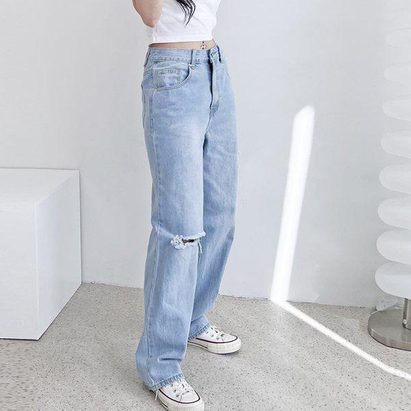 女子ビッグサイズ ワイド 破れ加工 デニムパンツ DJW1-JES-SSIN1010W-ウォッシングブラック