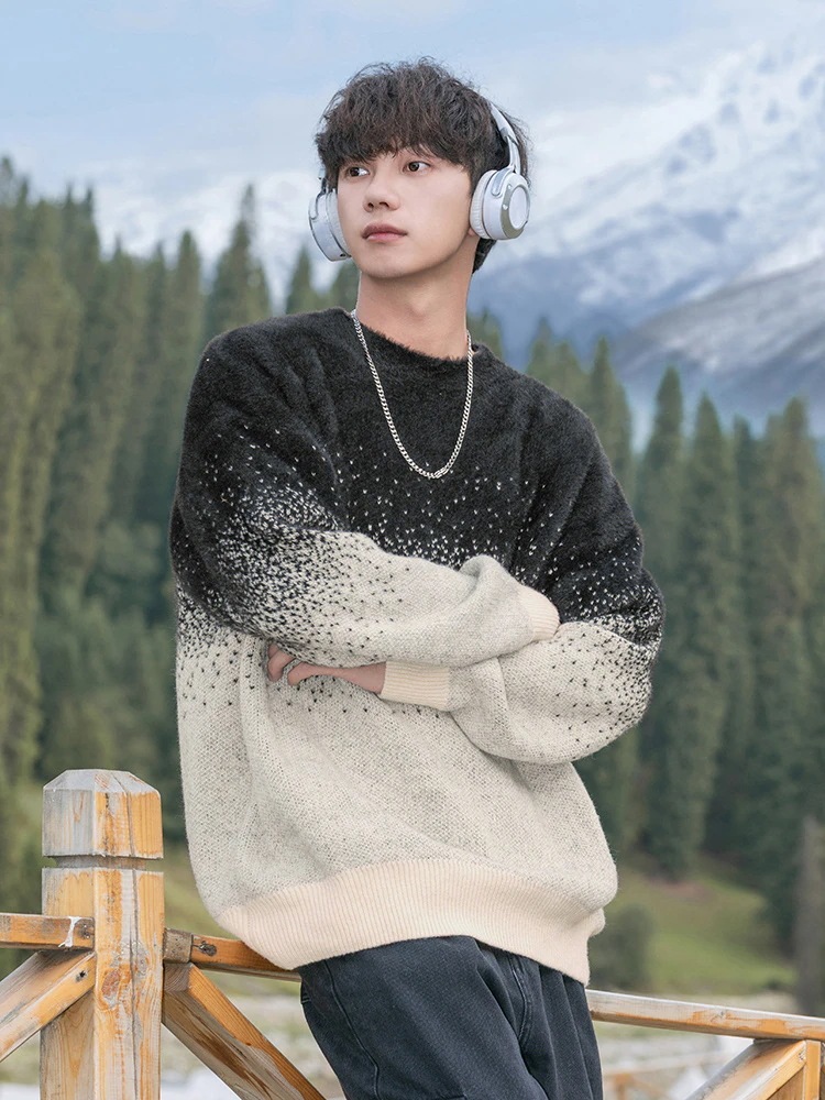 フェイクミンク グラーデション セーター ラウンドネックニット メンズメリヤス ベーシックニット30%制限