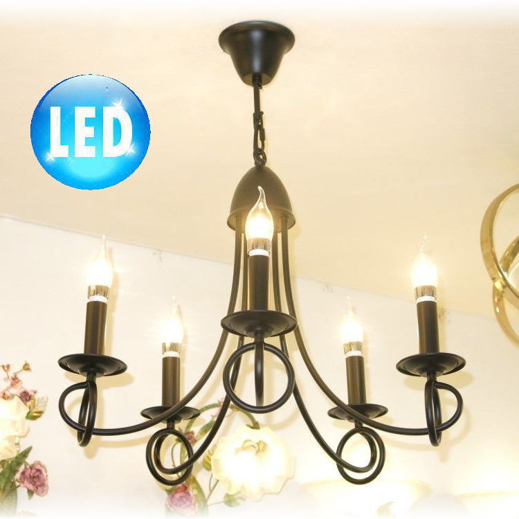 【LED付き！】新品 豪華 LED キャンドル5灯 ブラックアイアン シャンデリア ペンダントライト