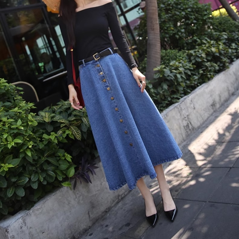 レディース スカート デニム デニムスカート ロングスカート ミモレ ワイド Aライン ポケット ハイウエスト ボタン ブルーデニム カラーデニム かわいい 大人可愛い きれいめ シンプル カジュアル