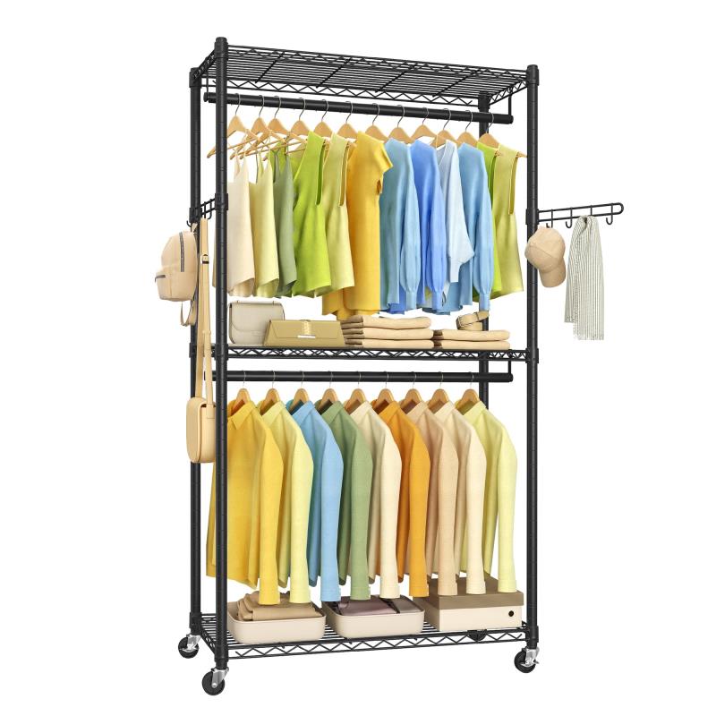 SONGMICS ハンガーラック 洋服かけスチールラック 2段式衣装収納 幅90cm 耐荷重137kg 調整可能な棚とポール 3つ棚有り フックキャスター付き 簡単組立 ワードローブ 黒 LGR41