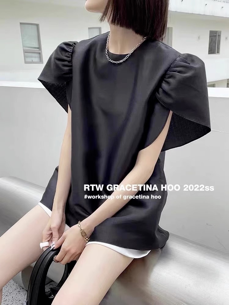 チューリップスリーブトップス ブラウス チュニック トップス オーバーサイズ プルオーバー レディース 春 夏 秋 冬 半袖 丈長め 袖コンシャス かわいい カジュアル 大人かわいい お出かけ