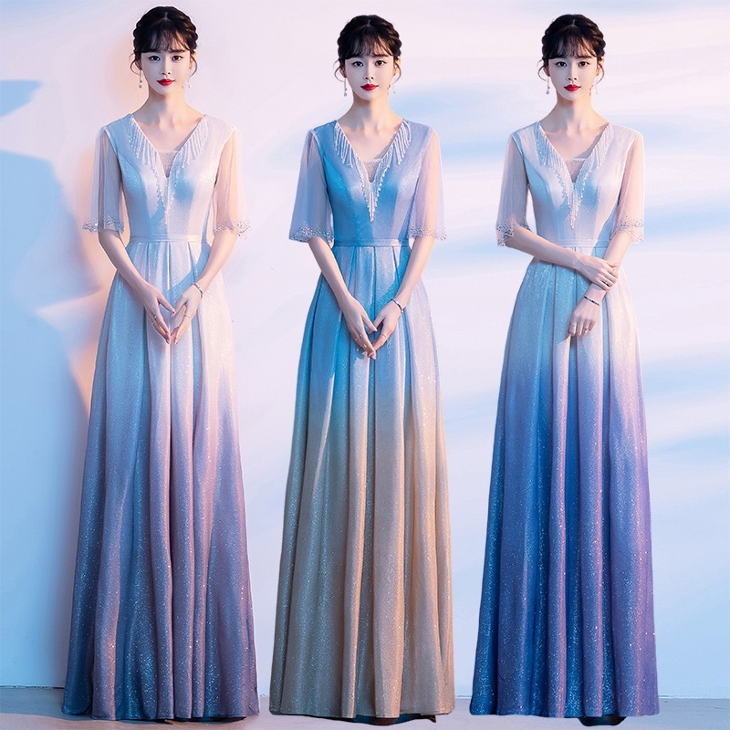 【1つ買うと10つ無料】女性のためのコーラスパフォーマンスコスム長いスカートグラディエントカラー学生をホストして大人のドレスを作るため