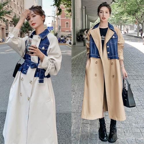 【即納】トレンチコート スプリングコート デニム ジーンズ ロング ライトアウター 春 秋 春先 コート アウター ベージュ 白 レディース スーツ とろみ かわいい 韓国 バイカラー ロングコート