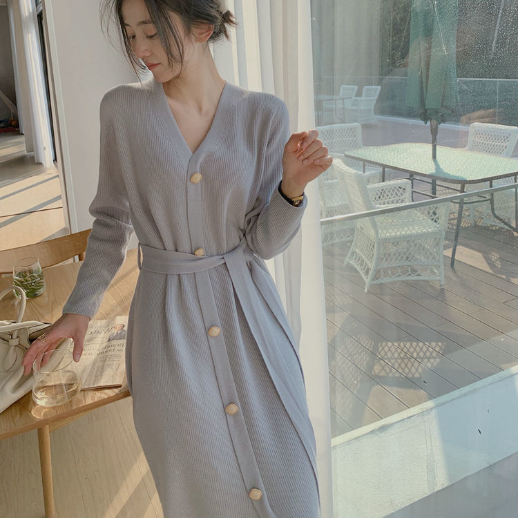 ブラウス秋アウターアウターロング丈ニットワンピースカジュアル着痩せニットワンピースロンTベーシックニット