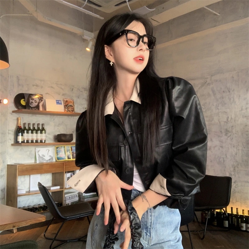 xiao Xiangfeng コントラストカラー レザージャケット レディース 2023年秋 新デザイン スリムフィット ショートジャケット トップス 5,128円