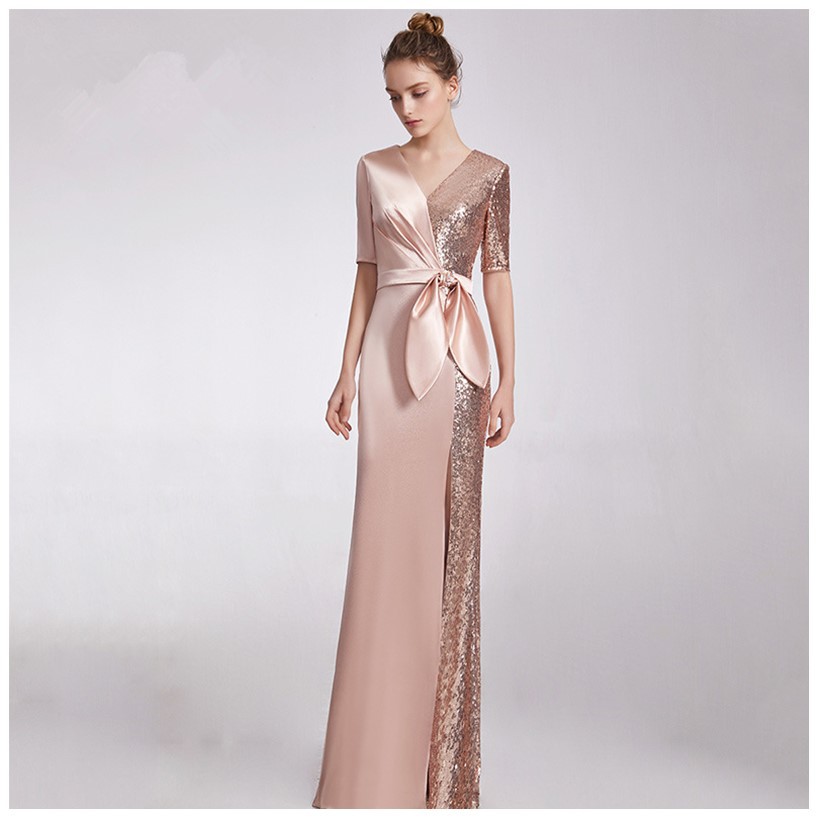 バンケットドレス2025スプリングロングスリム気質大規模なサイズホストスパンコンスリムドレス