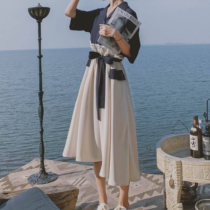 今だけ！2色 シャツワンピース ロング丈 ミモレ丈 無地 半袖 ワンピ スカート バイカラー きれいめ 個性的 Aライン フレア 大人可愛い かっこいい 青 ブルー 緑 グリーン レトロ ワンピドレス