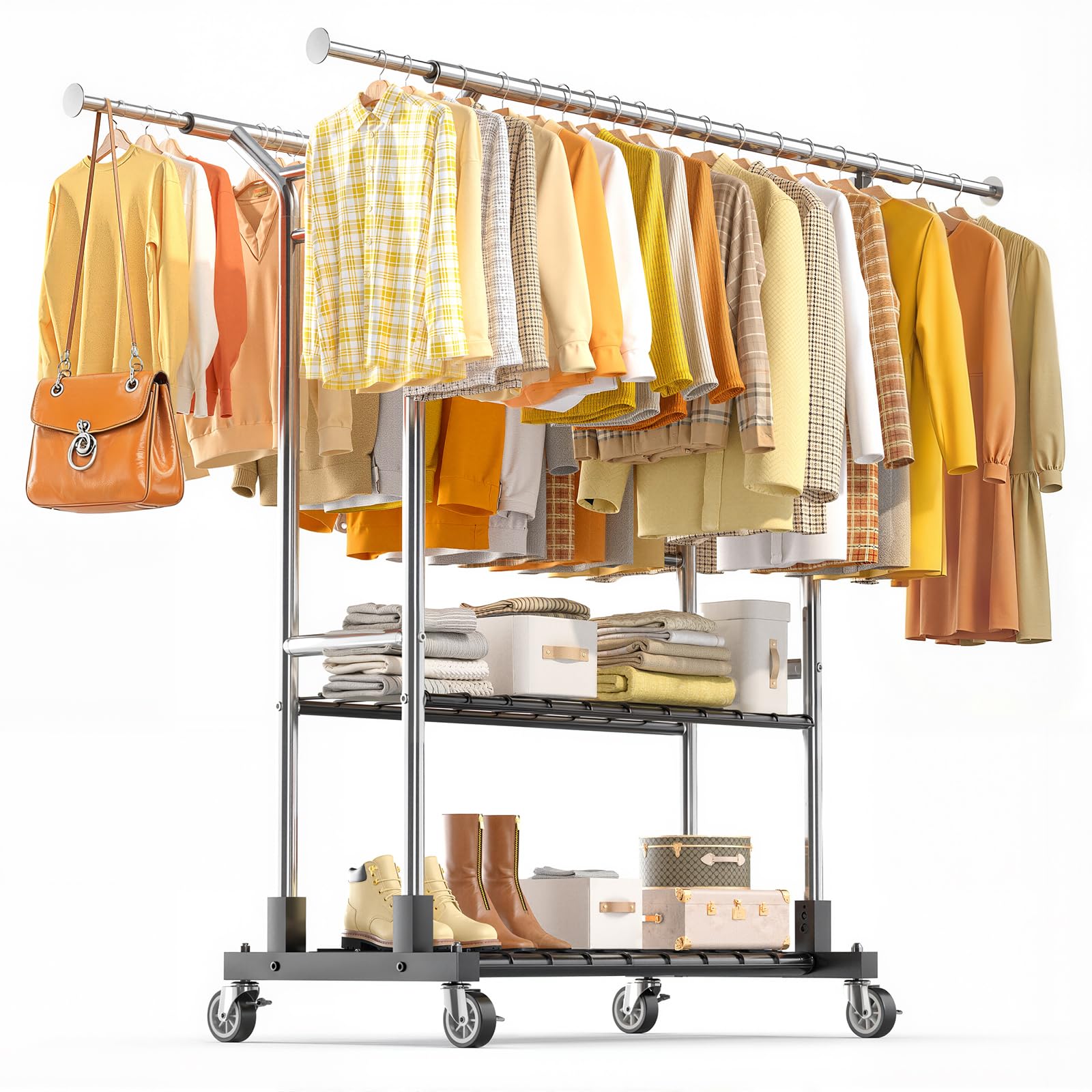 Luxspire ハンガーラック 頑丈 2列2段収納 耐荷重292kg 大容量 洋服ラック キャスター付き スチールラック ハンガー 縦横伸縮 高さ伸縮 幅120-170cm 高さ146-174cm