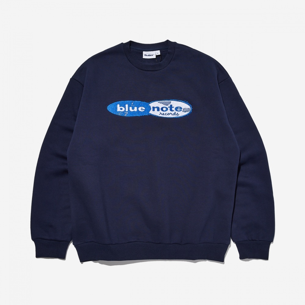 バターグッズレコードロゴフェルトアップリケクルーネックスウェットシャツレコードロゴフェルト