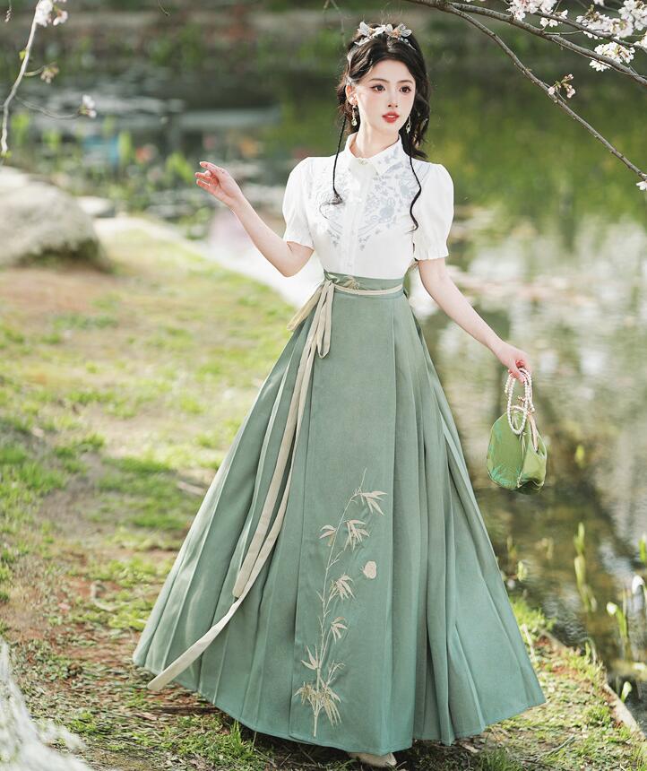 レディース 改良版漢服 レトロスカート 漢風 半袖シャツ ロング丈スカート 刺繍 森ガール系 中華風 衣装 ハロウィン コスプレ衣装 演出服 普段も着用可 学園祭 文化祭 撮影衣装 グリーン