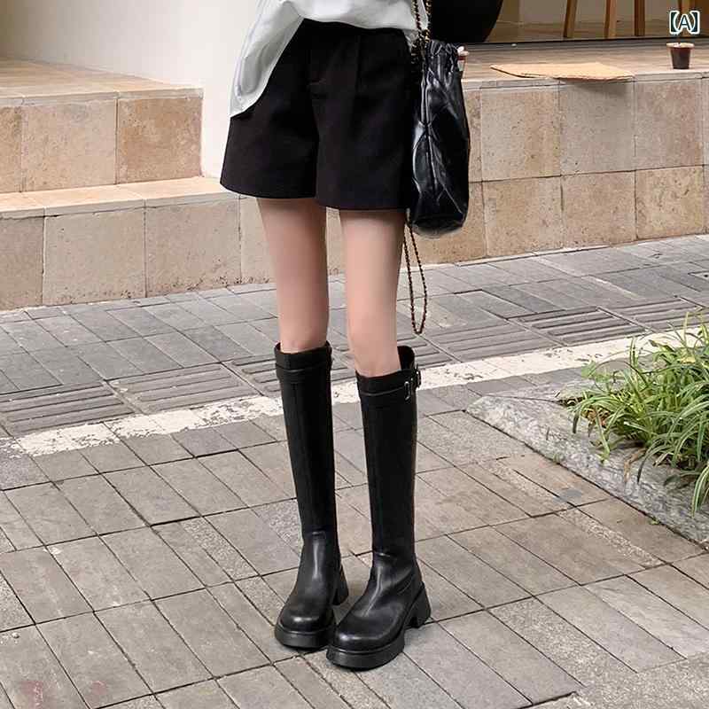 ロングブーツ レディース タイトフィット シンプル おしゃれ スタイルアップ 秋冬 厚底 ナイト ブーツ 女性用 革 ラウンドトゥ 高め 膝下 ブーツ おしゃれ スリム ハイ ブーツ