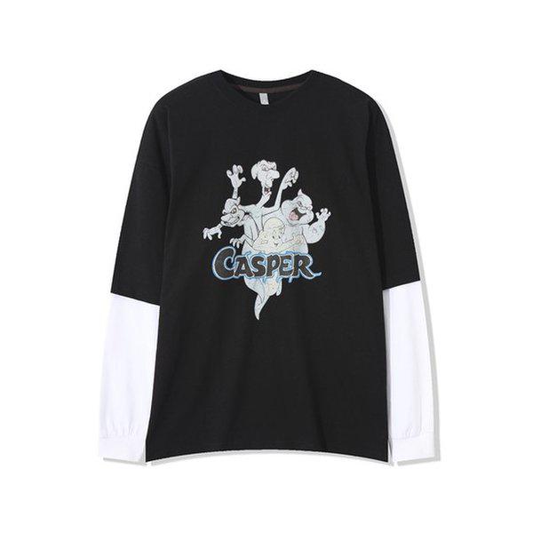 男性幽霊プリントレイヤード長袖Tシャツ AC-TSA-Q062-ブラック