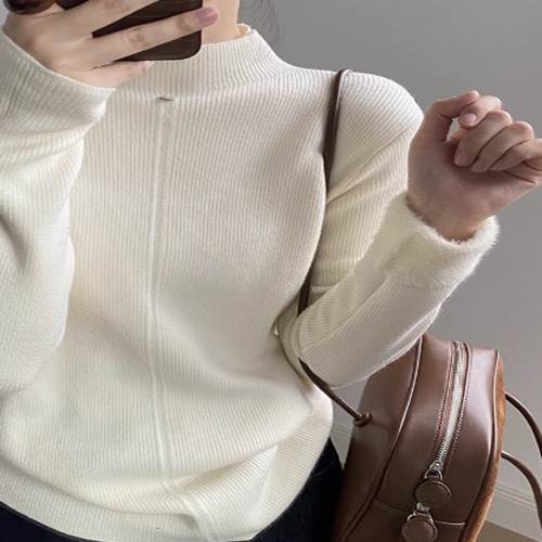 クーポン有トップス レディース ニット セーター プルオーバー 秋 冬 普通丈トップス 長袖 襟付き 半ハイネック カラバリあり ブラック グレー アプリコット レッド ブラウン イエロー オフホワイ