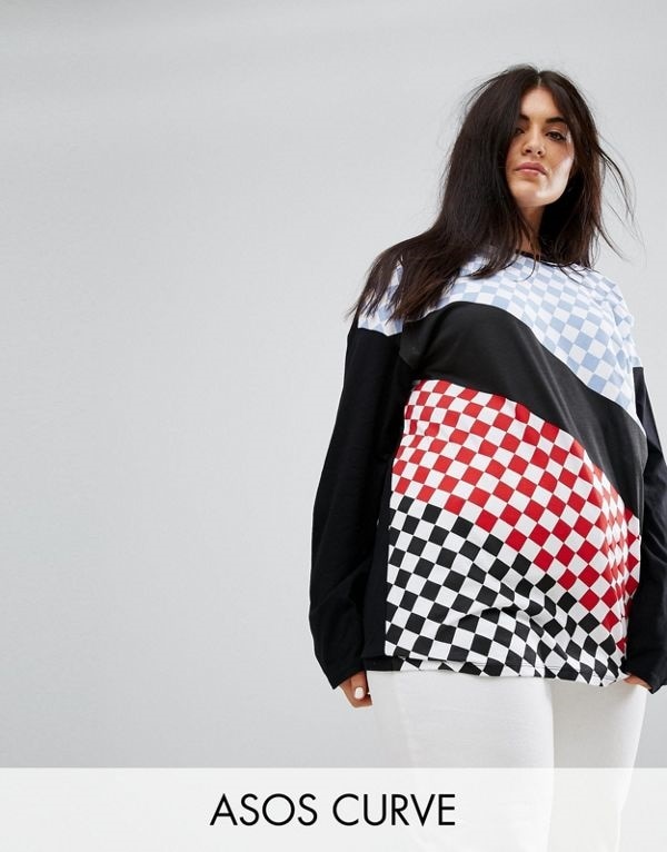 ASOS エイソス レディース 大きめサイズ ゆったりサイズ 送料無料 Multi CURVE T-Shirt with Long Sleeve in Mix and Match Checkerbo