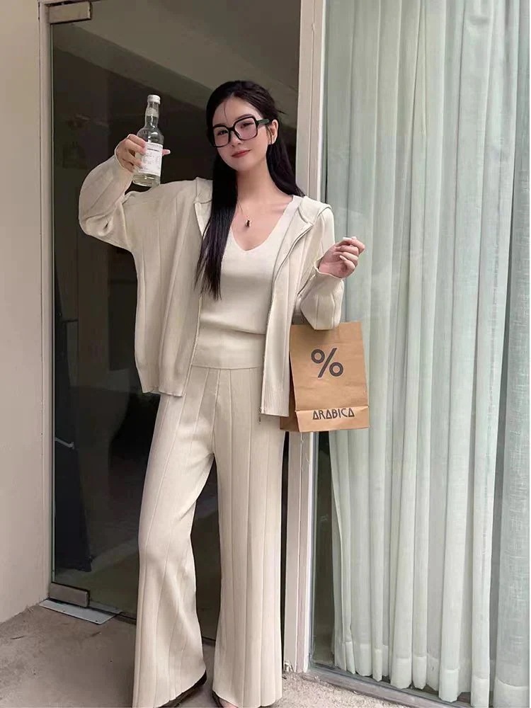 2025作シンプル三点セットセットアップニットワイドパンツインナーセット着痩せ気質セットアップ大きめサイズ