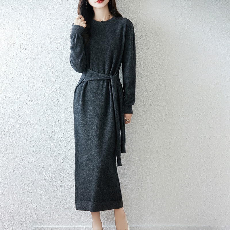 2025新作ピュアウールラウンドネックニットワンピース長袖無地ベルトスリム暖かいロングスカート