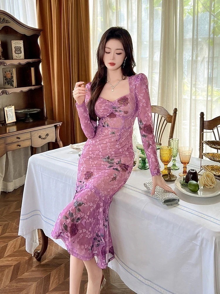 秋 花柄ワンピース スクエア襟 マーメイド パーティードレス キャバ 着痩せ 大人 同窓会 披露宴 卒業式 結婚式 演奏会 ウェディング 二次会30%までに制限 5,810円