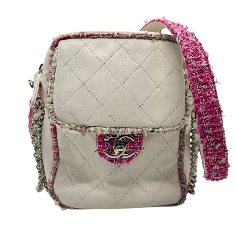 シャネル CHANEL ショルダーバッグ レザー/ツイード ホワイト×ピンク系 シルバー レディース n0801