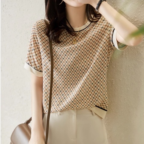 トップス カットソー 袖あり 半袖 ラウンドネック 襟なし 細身 スマート シフォン 透け感 通気性 薄手 きれいめ 上品 おしゃれ お洒落 かっこいい レトロ 女子 こなれ感 個性的