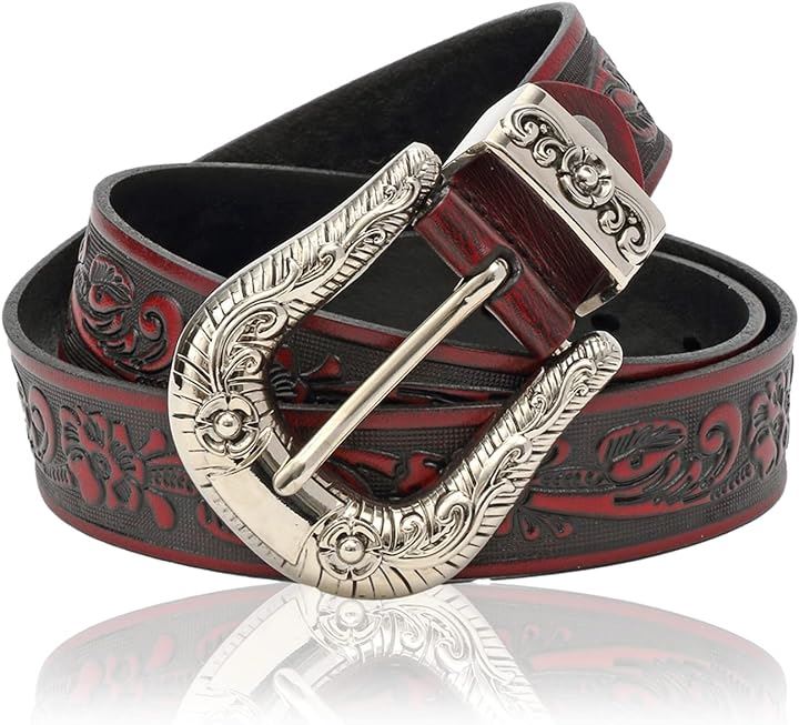 カービング柄 型押し レザー ベルト ウエスタン D型バックル メンズ 牛革ベルト(ワインレッド)