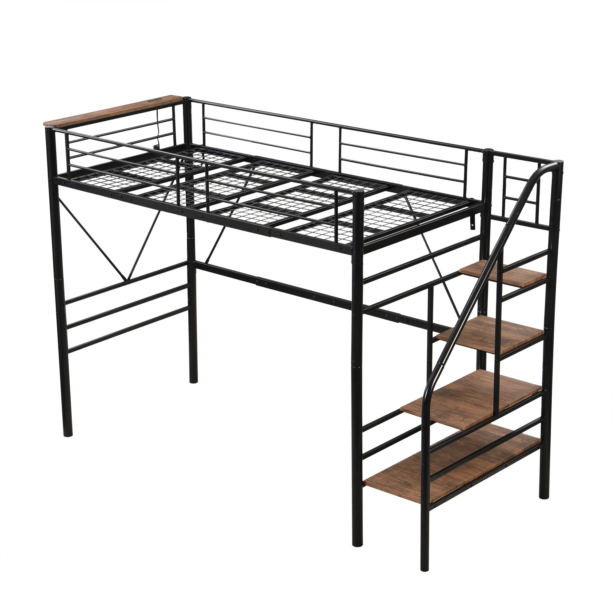 S ロフトベッド 階段付き S パイプベッド シングル コンセント付き 収納 スチール 耐震 ベッド シングル パイプベッド パイプベッドフレームのみ【Sシングル】