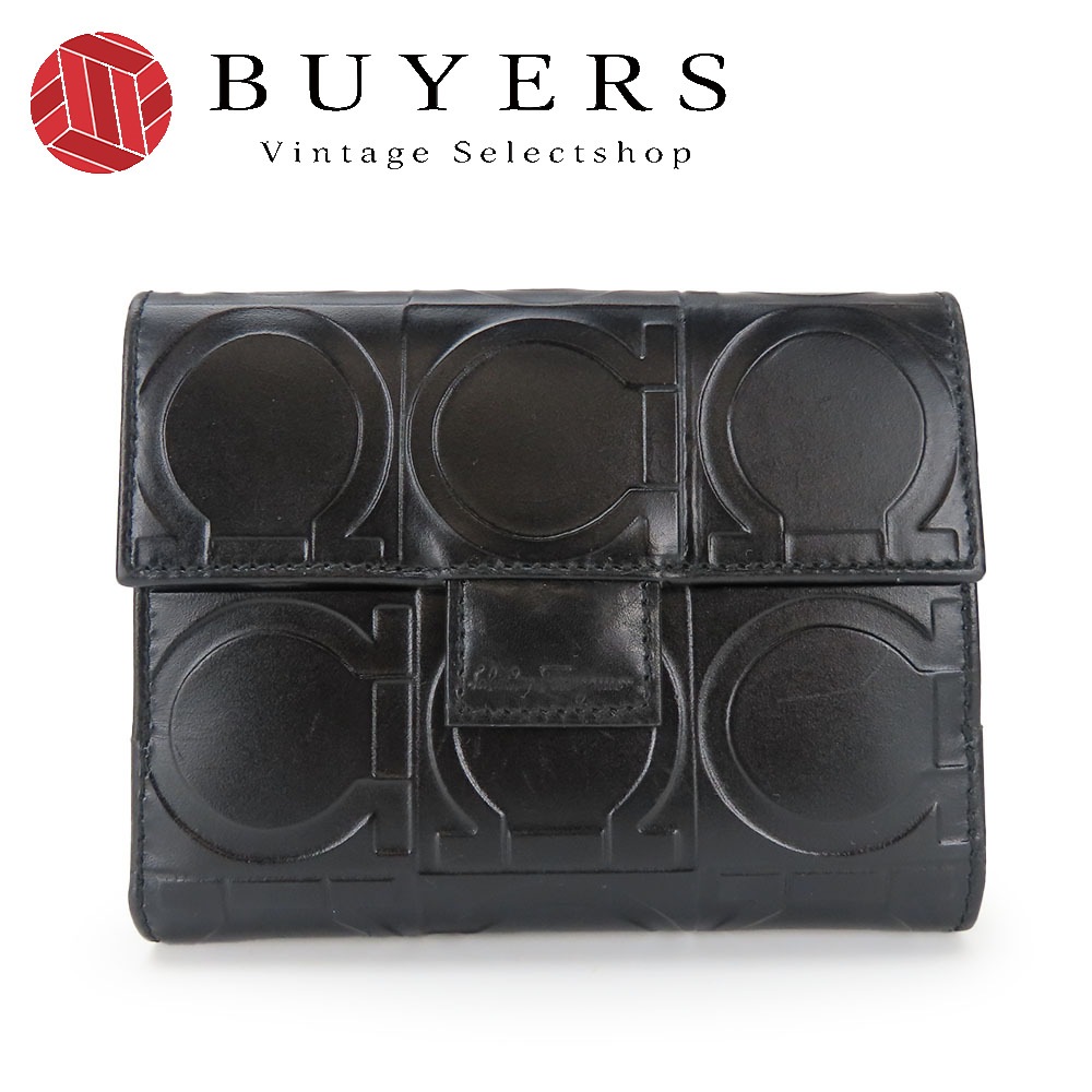 中古 二つ折り財布 AQ-22 0791 ガンチーニ レザー ブラック シルバー金具 Wホック 普段使い レディース 女性